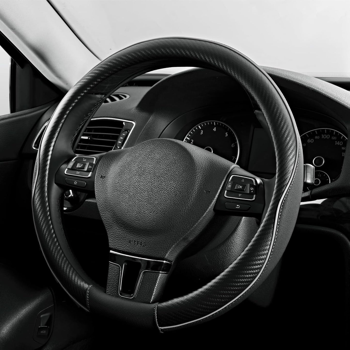 PIC AUTO Steering Wheel Cover, Gray Piping Leather, Sports Carbon Fiber and Super Breathable Leather, Universal 14.5-15.5 Inch Anti-Slip Steering Wheels Accessories for Men & Women