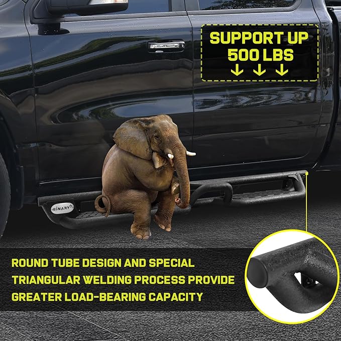 BINARY STAR Running Boards Compatible with Vehicle 2009-2018 Dodge Ram 1500 Crew Cab, 2010-2026 Ram 2500 3500 Crew Cab (Incl. Classic Model). Two-Stair Nerf Bars, Carbon Steel Side Step Bars.