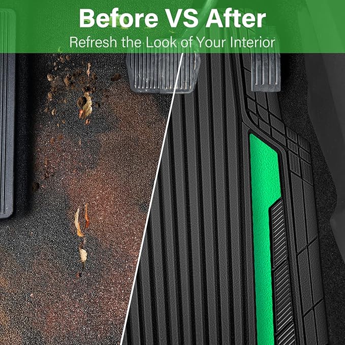 CAR PASS Heavy Duty Rubber Car Mats Metallic,Aluminum Film All Weather Floor Mats Waterproof Universal Trim to Fit SUVs Sedans Vans 4 Piece Anodized Deep Dish Two-Tone Sporty Black Green Chrome