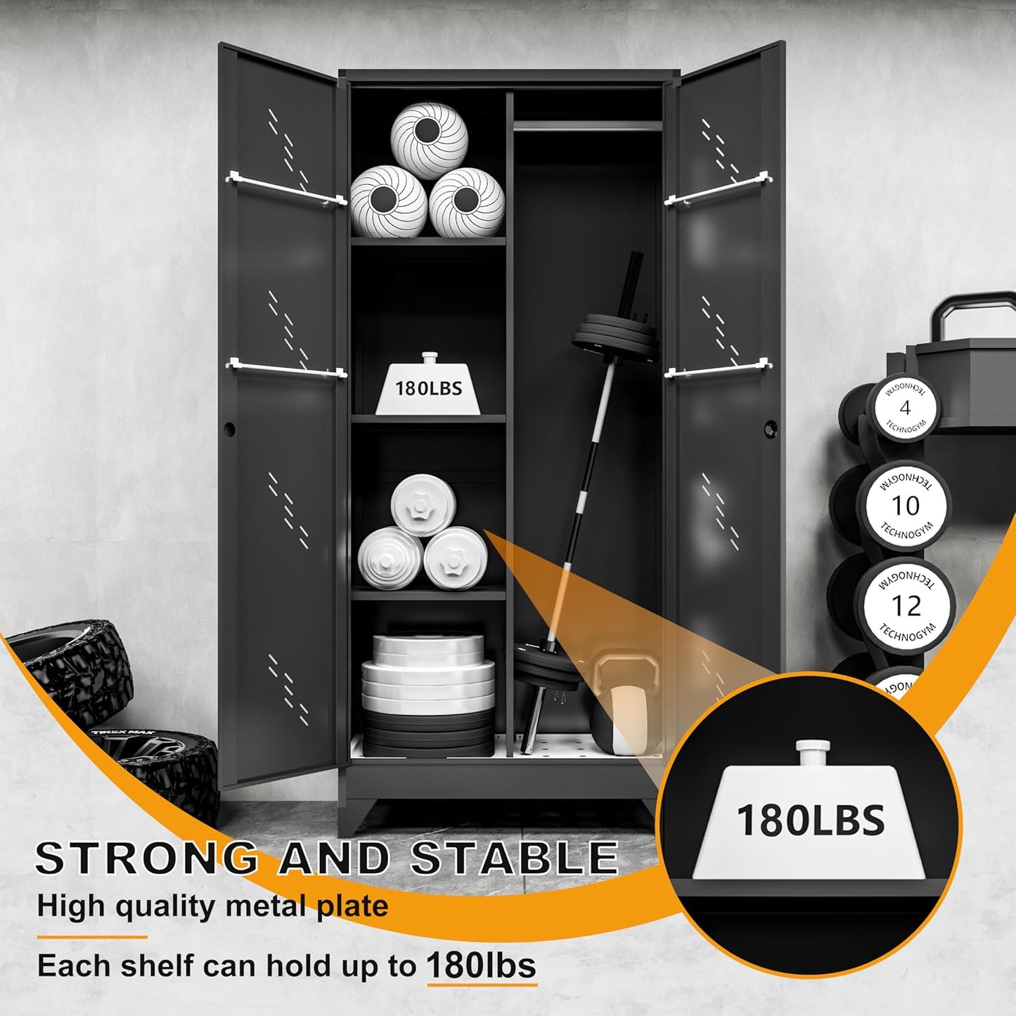 71" Metal Garage Tools Storage Cabinet with Doors and Shelves, Broom Tool Storage Filing Cabinets with Lock, Black Cleaning Supplies Organization Cabinet with Hanging Rod