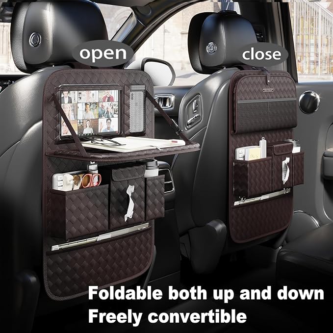 GMQ Back Seat Car Organizer 1 Pack,Backseat Organizer with Tray,Multifunctional Car Seat Back Storage Box with Foldable Tablet Holder (Coffee, Weave)