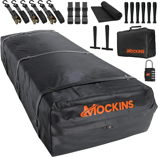 Mockins XXL 50 CuFt Cargo Roof Bag | 85"x50"x20" All-Weather Soft Shell Vinyl Car Top Carrier Without Roof Rack | Waterproof Rooftop Cargo Bag for Top of Car Storage | Roof Rack Bag w/Accessories