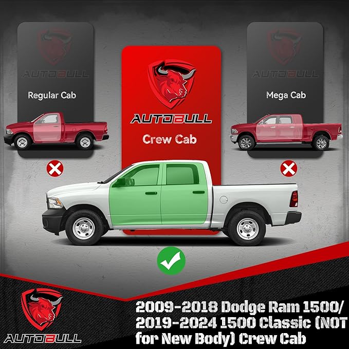 6 Inches CrewCab Running Boards Side Steps Compatible with 2009-2018 Dodge Ram 1500, 2019-2024 1500 Classic CrewCab, Black Textured Aluminum Nerf Bars