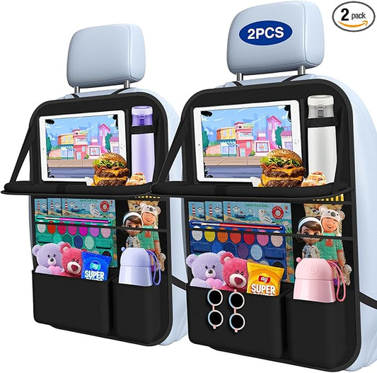 Car Backseat Organizer with Table Tray(2-Pack) 9 Storage Pockets Backseat Car Organizer and storage with Tablet Holder, Kick Mats Back Seat Cover for Kids family Road Trip Essentials Travel