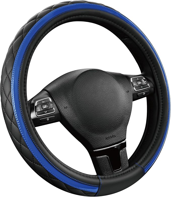 Road Comforts Leather Steering Wheel Cover – Black & Blue, Universal Fit 14.5-15 Inch, Microfiber Leather, Anti-Slip & Breathable Design for Men and Women