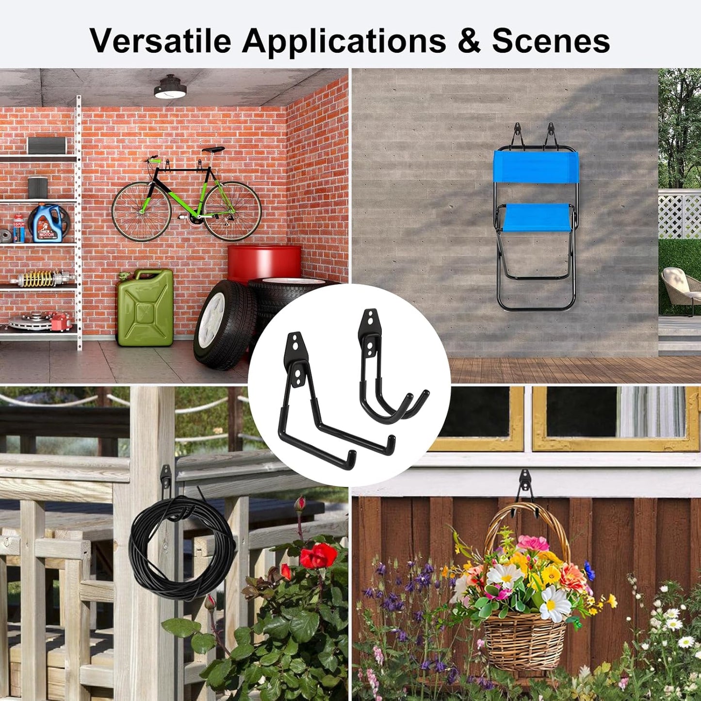 Steel Garage Hooks Wall Tool Organizer, 8 Pack Garage Storage Hook Heavy Duty Utility Storage Hangers Black for Ladders, Ropes, Garden Tools