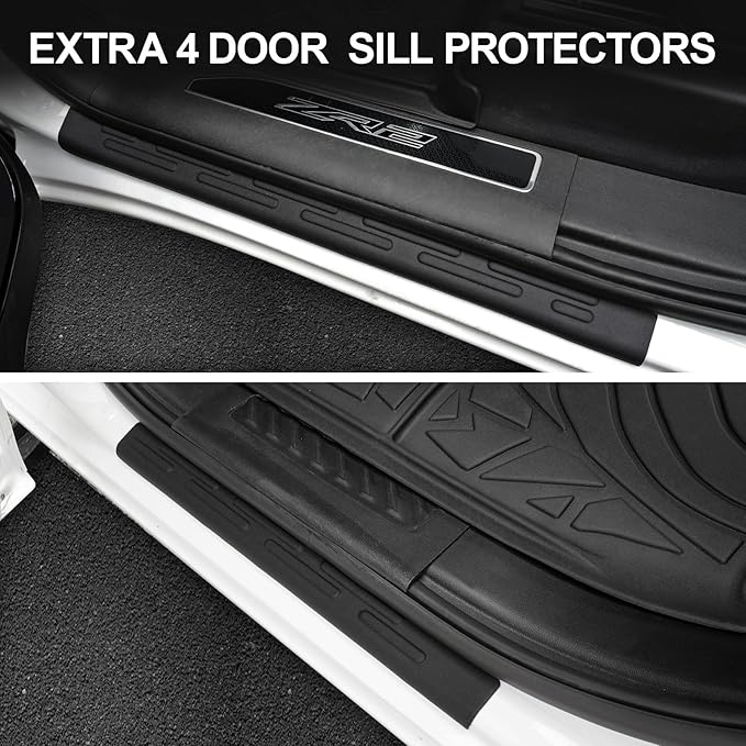 Car Floor Mats Fit for 2019-2025 2026 Chevy Silverado & GMC Sierra 1500/2020-2025 Silv/SRA 2500HD/3500 HD Crew Cab with Under-Seat Storage, All Weather Truck Liners & Door Sill Guards Accessories