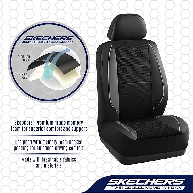 Skechers Air-Cooled Memory Foam Seat Covers,Mesh Thick Car Seat Covers,Piping Leather Car Seat Covers Front Seats,Airbag Compatible,Automotive ComfortUniversal Fit Most Cars,Vans,Truck,SUV,Gray