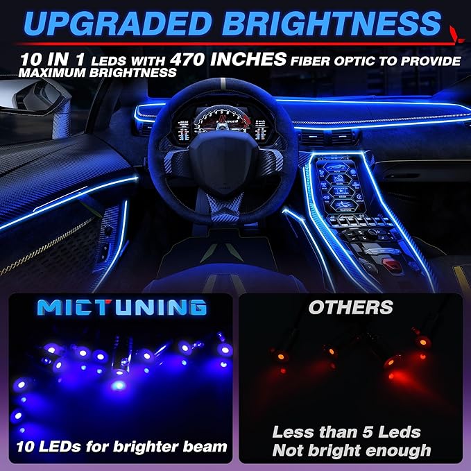MICTUNING Car LED Interior Strip Light, 10 in 1 RGB Multicolor with 470 inches Fiber Optic Ambient Lighting Kits with Remote and APP Control, Car USB LED Strip Lights with Music Sync Mode