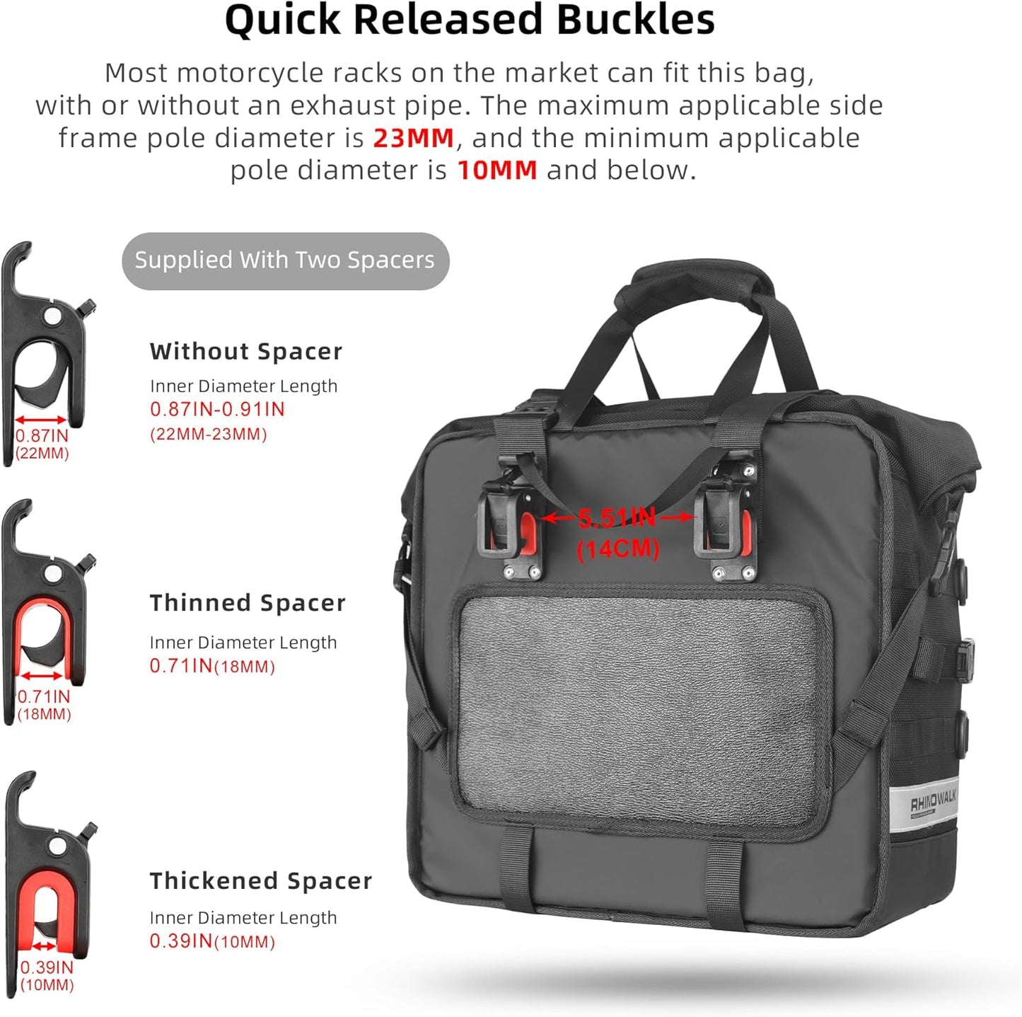 Rhinowalk Motorcycle Saddlebags Waterproof 25L Saddle Bag Quick Release side bag Fits Most Adventure and Sports Bike Motorcycle Racks,1 pack