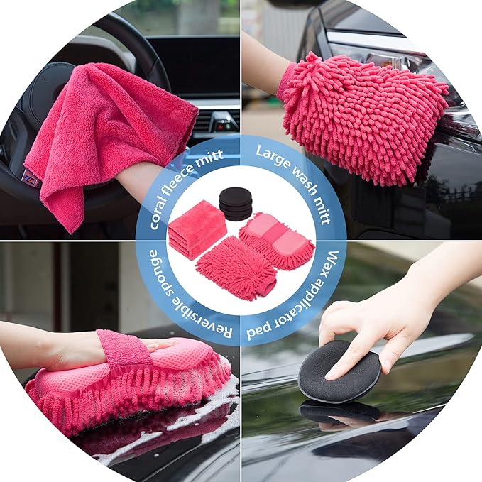 AUTODECO 22Pcs Car Wash Cleaning Tools Kit Car Detailing Set with Canvas Bag Pink Collapsible Bucket Wash Mitt Sponge Towels Tire Brush Window Scraper Duster Complete Interior Car Care Kit