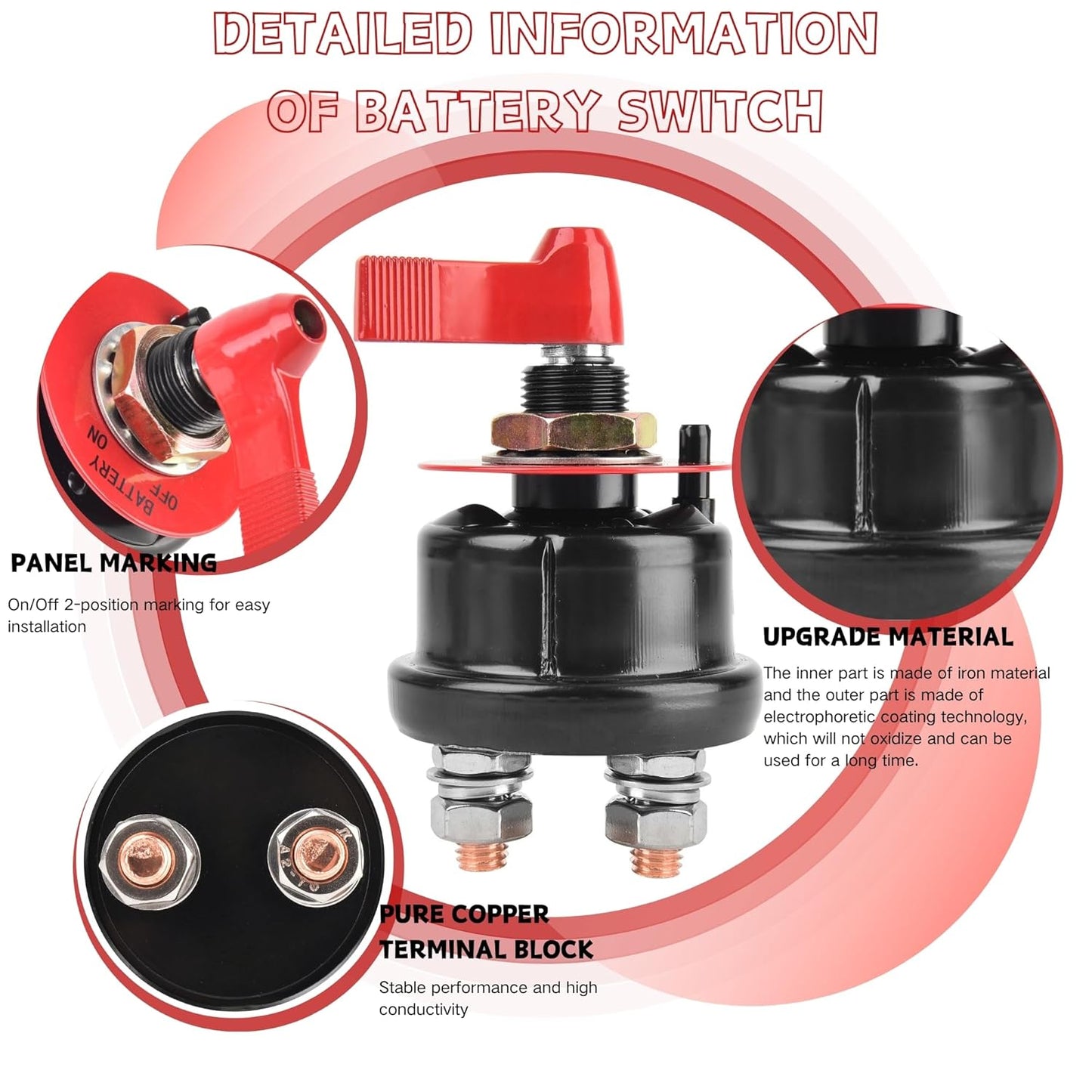 12V Battery Disconnect Switch with Panel, High Current Battery Cut Off Switch, Heavy Duty Kill Switch for Cars, Trucks, Boats, RVs, Forklifts and Heavy Equipment