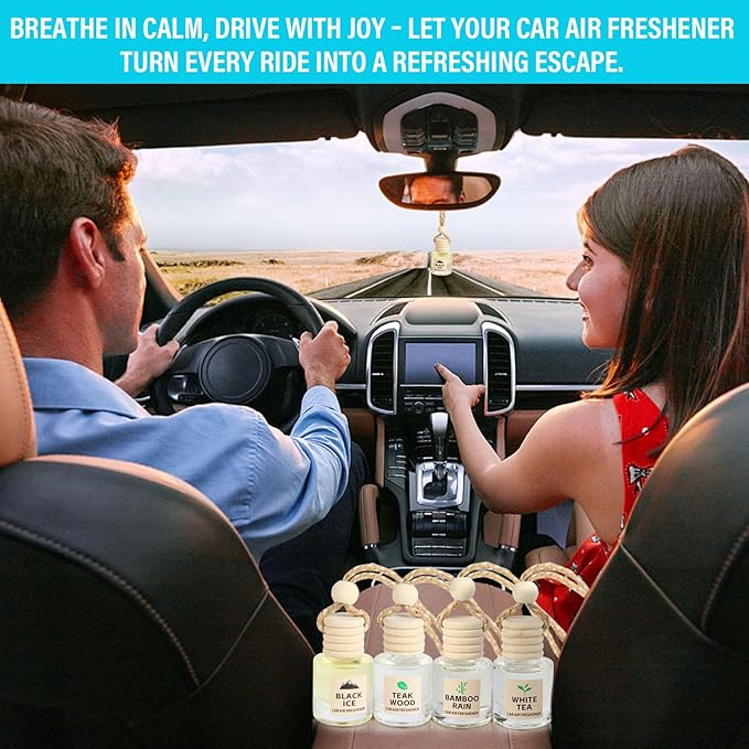 Car Air Freshener Oil Diffuser - Hanging Long Lasting Scent for Car & Home, Essential Oil Freshener with Adjustable Fragrance (Teak Wood+Black Ice+Bamboo Rain+White Tea)
