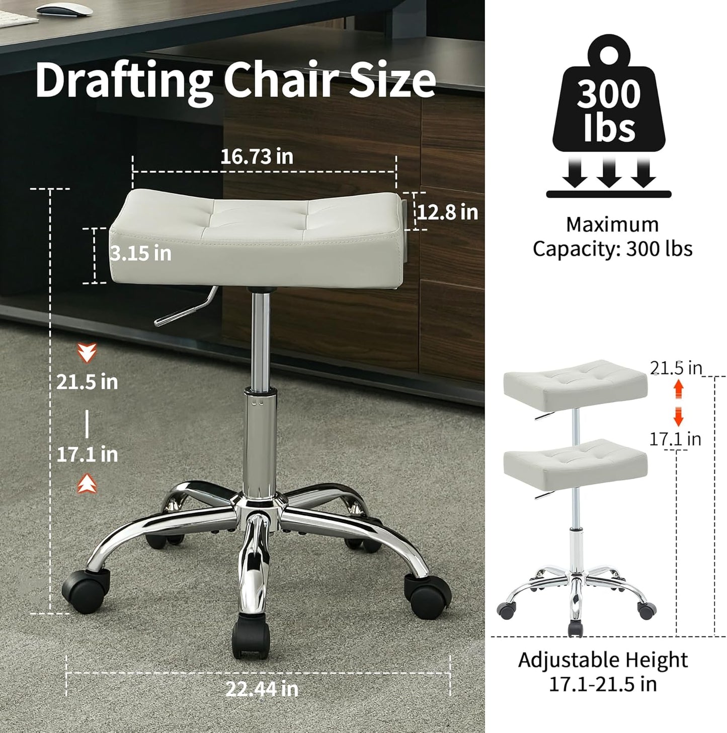 Adjustable Drafting Stools 17-21 inch (Saddle Shaped Seat) (300lbs Capacity) Office Stool with Wheels (Gray)