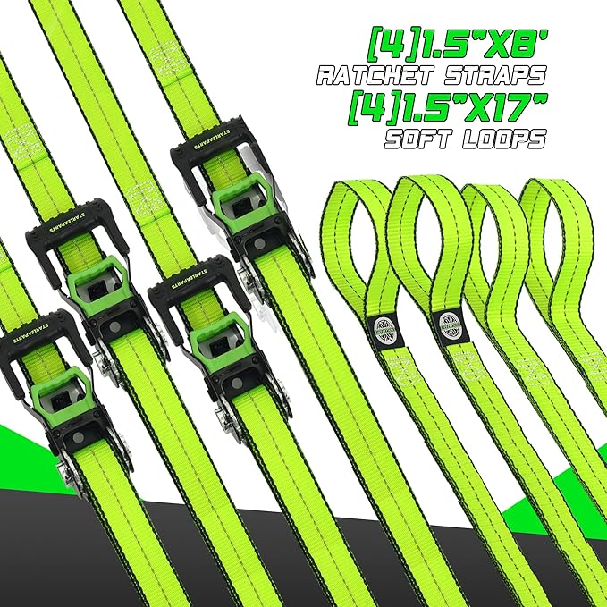 Motorcycle Tie Down Strap (4PK 1.5INX8FT) - 5,250lb Break Strength, Premium Ratchet Tie Down Straps Set, Soft Loop Ratchet Straps for Moving Appliances, Lawn Equipment, Cargo Straps for Trucks