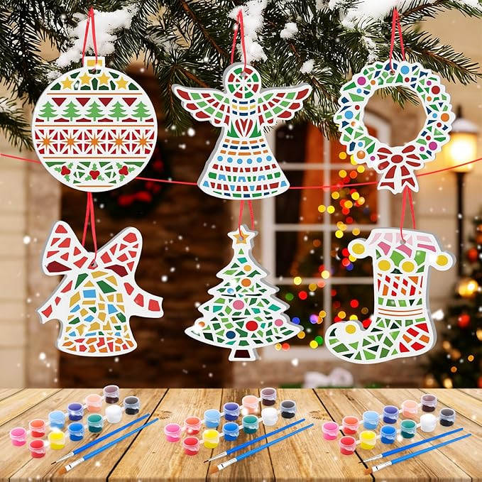 Gersoniel 6 Pack Christmas Ceramic Ornaments Painting Crafts Adult Unpainted Christmas Stepping Stone Kit Ready to Paint Mosaic Ceramic Figurines with Paints Brushes DIY Hanging for Holiday Xmas Tree