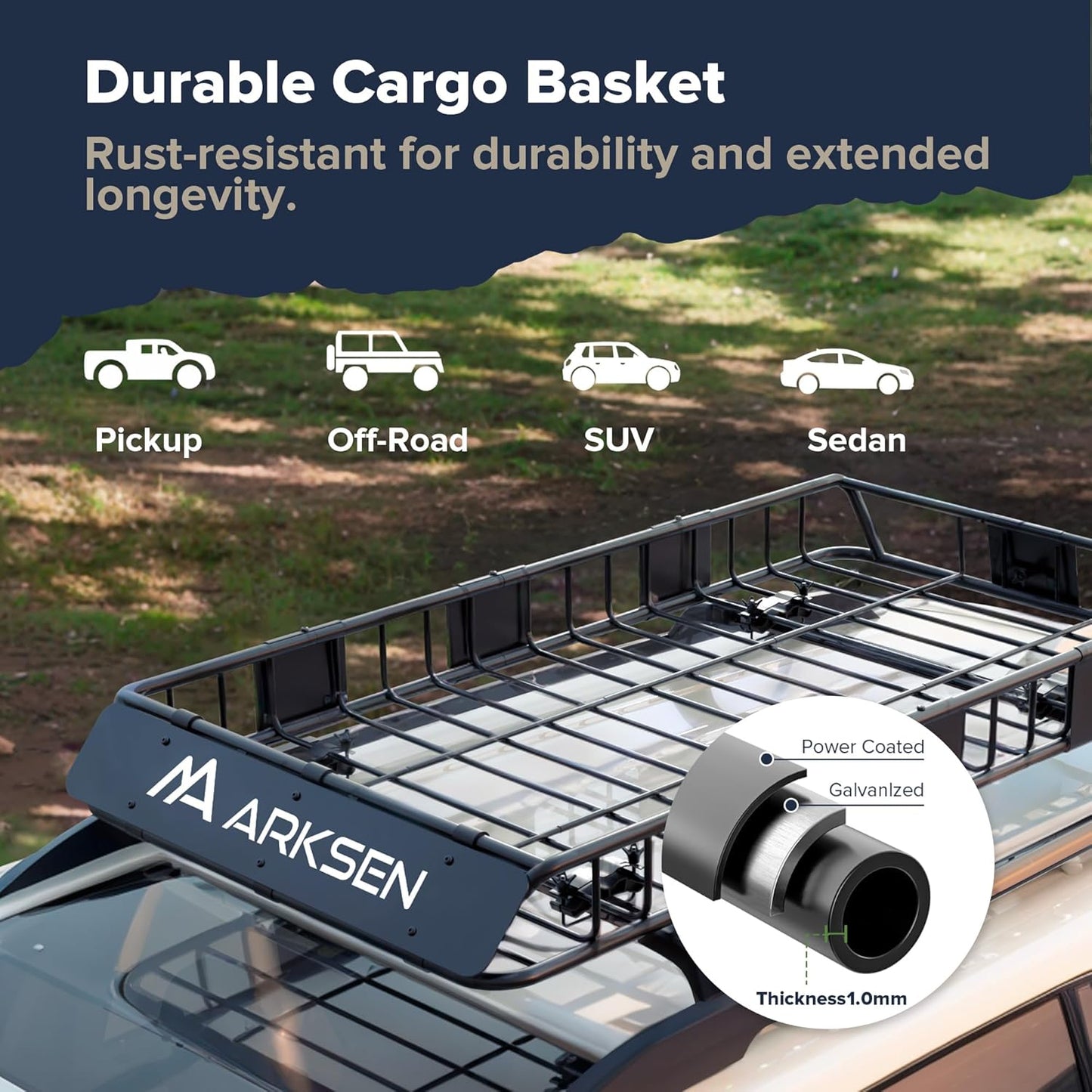 ARKSEN 64 x 34 x 6 Inch Universal Roof Rack with Extension, 600D Waterproof Bag, 2 Ratchet Straps&Net, 150 LBS Capacity Heavy Duty Rooftop Cargo Basket for SUV, Truck, RV, Pickup