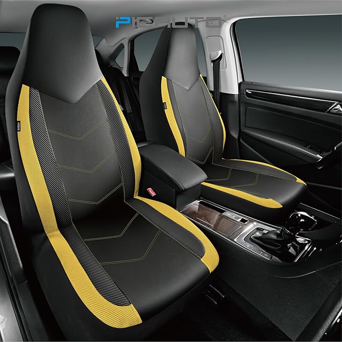 PIC AUTO Leather Car Seat Covers, Sports Carbon Fiber & Mesh Design, High-Back Front & Rear Full Set, Waterproof Automotive Seat Covers, Airbag Compatible, Universal Fit for Most Cars (Black & Yellow)