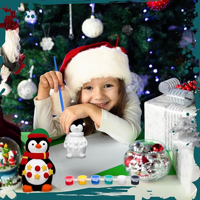 Eersida 6 Sets Christmas Penguin Ceramics to Paint Penguin Ready to Paint Your Own Ceramic Statues DIY Unpainted Ceramics Paintable Figurines Kit Crafts with Brush Palette