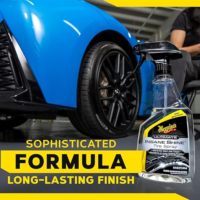 Meguiar's Ultimate Insane Shine Tire Spray - Premium Tire Dressing that Delivers a Lasting High Gloss Wet Look and is Easy to Use; Advanced Tire Shine that Bonds for a Long-Lasting Finish, 16 Oz Spray