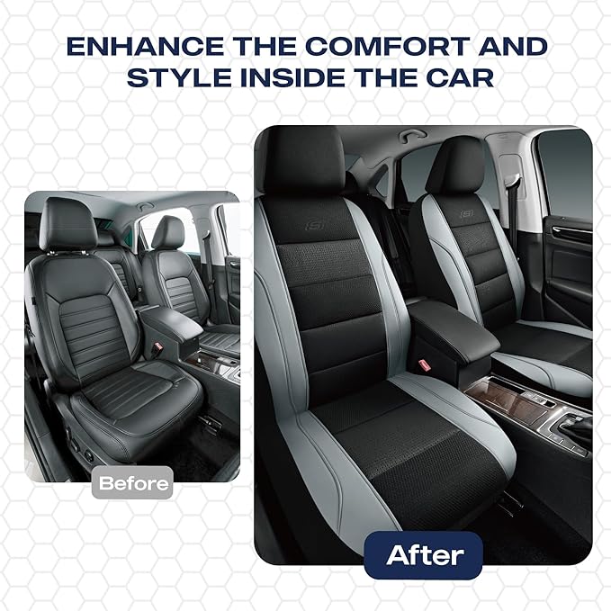 Skechers Aircooled & Memory Foam Car Seat Covers,Premium Leather with EVA Mesh Seat Covers, Front car seat Protector, Airbag Compatible, Automotive Comfort for Most Cars, Vans, Trucks, SUV,Gray