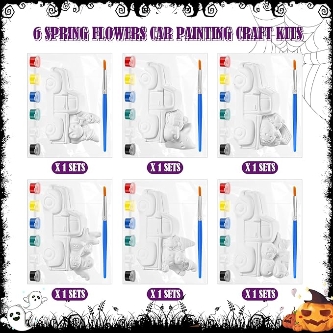 JellyArch 6 Set Halloween DIY Ceramics to Painting Kits 3D Ceramic Truck to Paint Your Own Truck with Pumpkins Ghost Cross Statues Unpainted Plaster Crafts with Brush Paint Bag for Adult