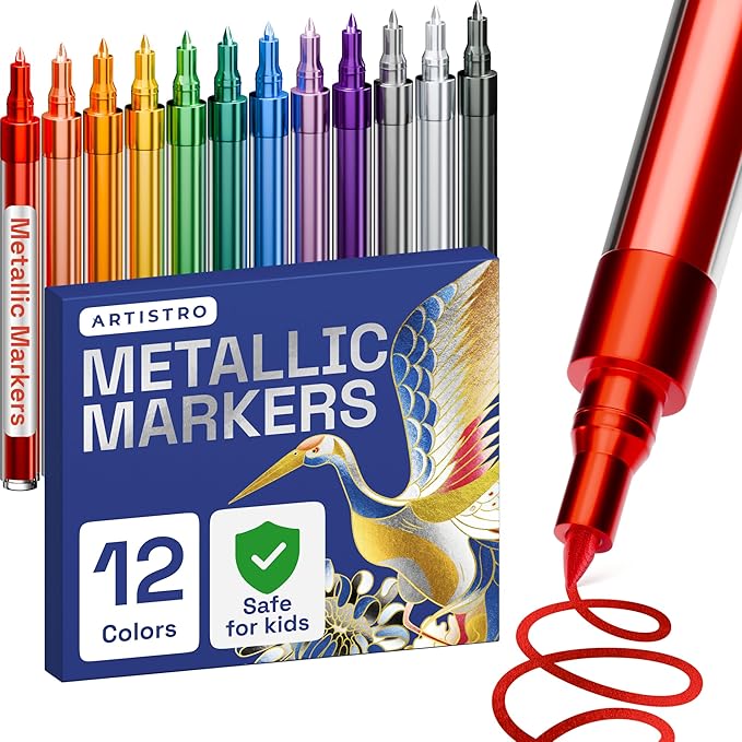 ARTISTRO 12 Metallic Paint Pens for Glass, Rock Painting, Ceramic, Wood, Fabric, Pebbles, Scrapbook Journals, Photo Albums, Card Stocks - Acrylic Paint Markers Extra-Fine Tip 0.7mm