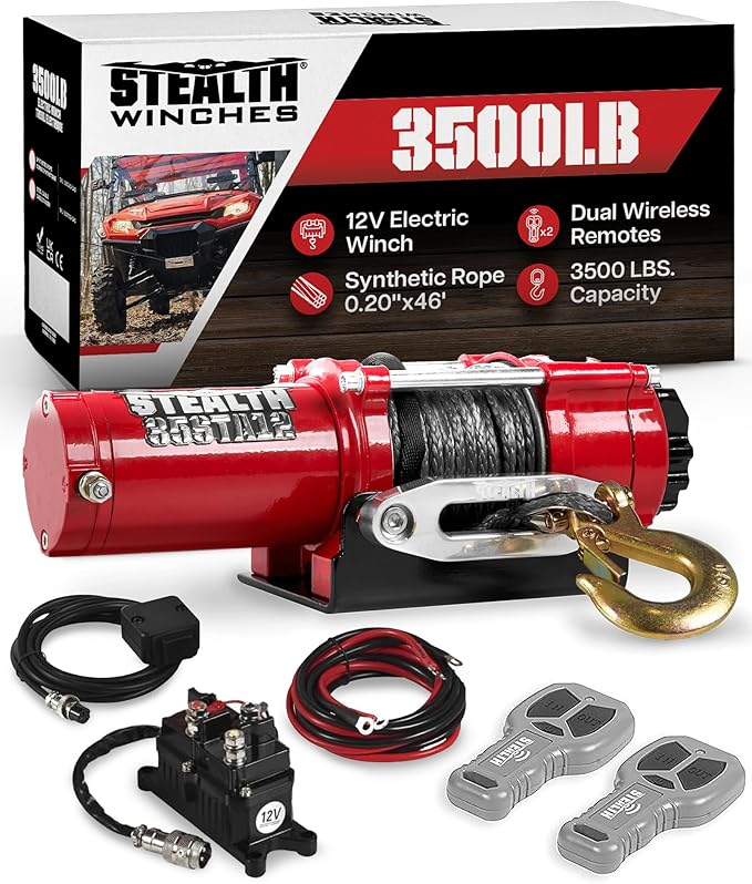 Stealth Winches 3500 lb 12V Electric Winch for ATV UTV Jeep Truck Trailer Car Towing Vehicle Recovery, Heavy Duty Off Road Winch with Remote Kit, Synthetic Rope, Hawse Fairlead & Mounting Plate