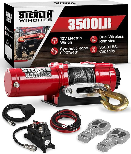 Stealth Winches 3500 lb 12V Electric Winch for ATV UTV Jeep Truck Trailer Car Towing Vehicle Recovery, Heavy Duty Off Road Winch with Remote Kit, Synthetic Rope, Hawse Fairlead & Mounting Plate