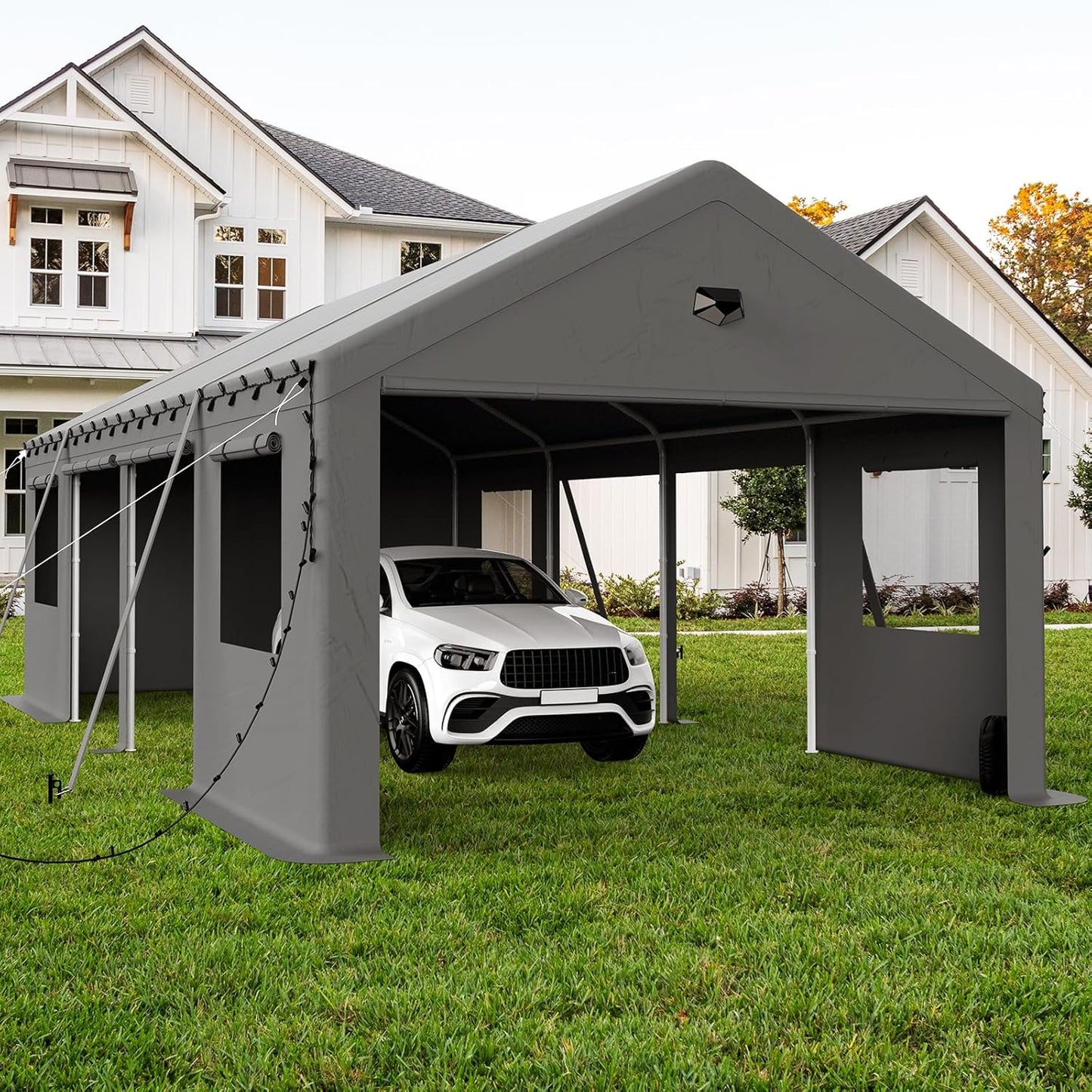 13x25 Carport, Heavy Duty Carport Canopy Garage with Removable Sidewalls and Drive Through Roll Up Zipper Doors & Side Doors, Grey