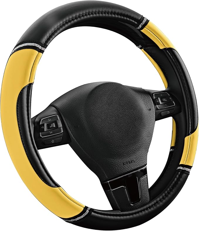 Road Comforts Leather Steering Wheel Cover - Made with PVC Leather - Anti-Slip, Universal Fit 14 1/2 inches to 15 inches - Yellow
