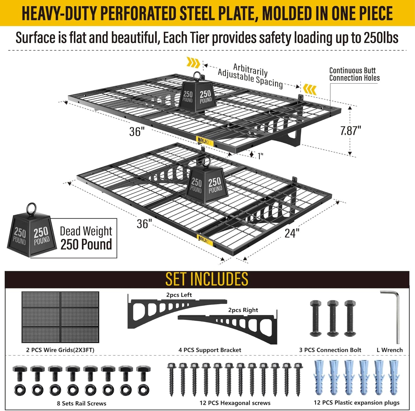2x3ft Adjustable Rail Wall Garage Storage Shelf, for Tool Room, Storage Room, Store Supermarket Wall Storage Shelving Rack (2 Pack-Black)