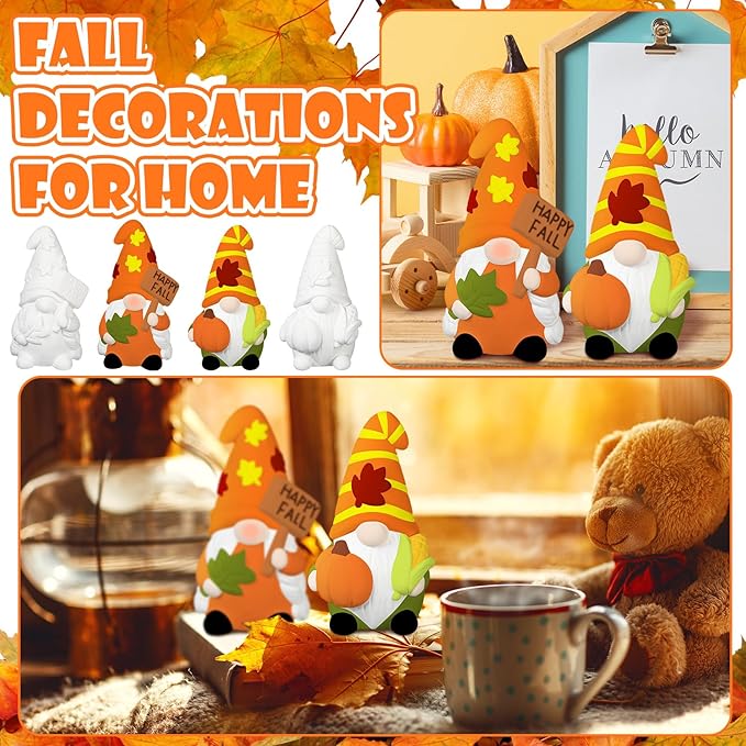 Seenelling 2 Pack Fall Ready to Paint Your Own Gnome Statues 4'' DIY Unpainted Ceramics Gnome Figurines Kit Blank Paintable Ceramics for Classroom Art Crafts Fall Autumn Gnomes Decorations