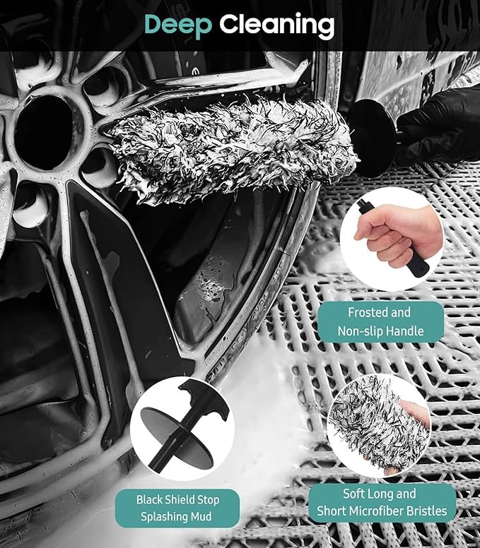 YeewayVeh 2PCS Car Wheel Cleaning Brush, Microfiber Flat Wheel Rim Cleaner Brush with Extra Removable Cover, Car Cleaning Brush for Wheels Tire Fenders Engine Exhaust Tips, Black&White