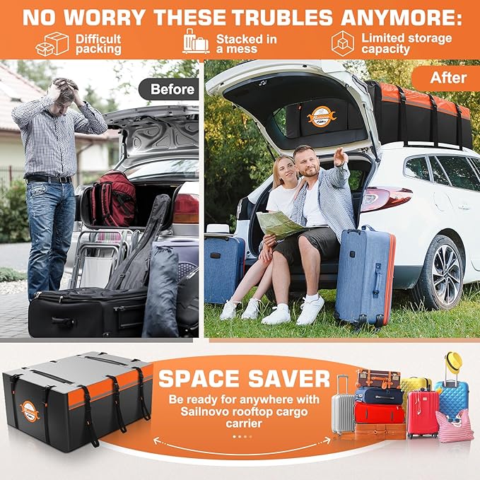 Sailnovo Rooftop Cargo Carrier 20 Cubic PVC Car Roof Cargo Carrier Waterproof Soft-Shell Includes Anti-Slip Mat, 6 Door Hooks, Car Top Carrier for Top of Vehicle with/Without Roof Rack Cross Bar