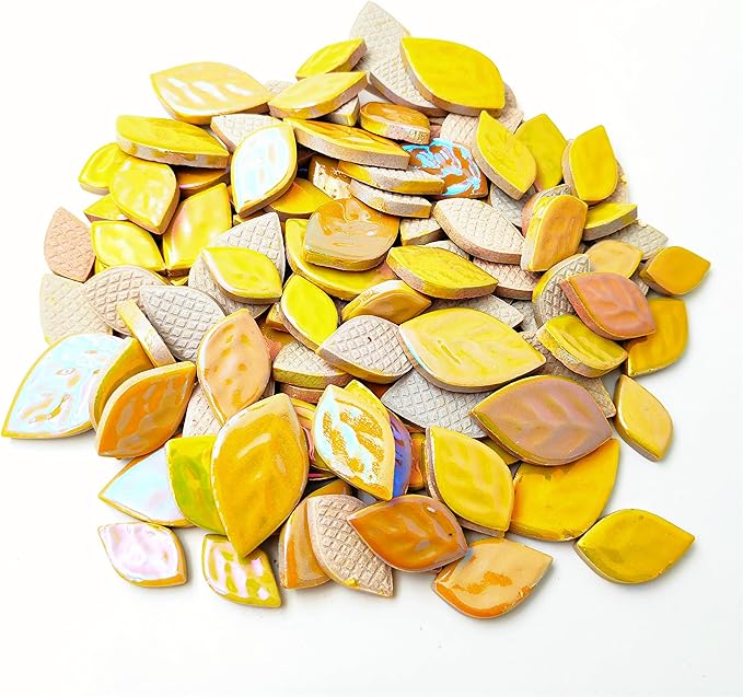 1.1LB Random Iridescent Leaves Ceramics Mosaic Tiles, Making Creative 3 Size Ceramic Mosaic Pieces for DIY Craft,Flowerpots, Vases, Cups, Garden Decor Mosaic Making Supplies (Yellow)