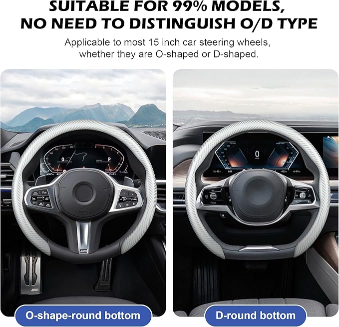 frani Leather Steering Wheel Cover, Universal 15 Inch Premium Non-Slip Steering Wheel Cover White Carbon Fiber Texture