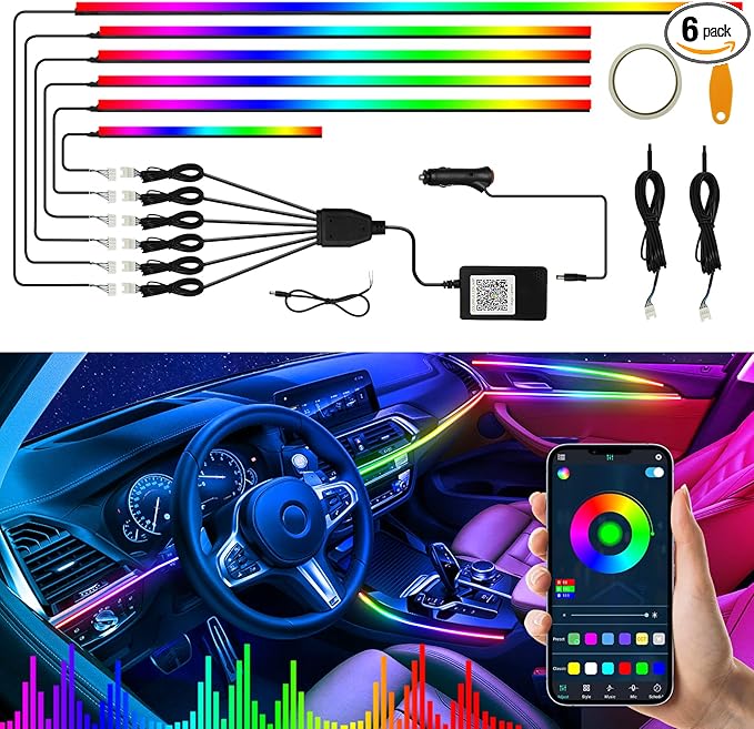 Interior Car LED Strip Lights, Acrylic LED Lights for Car with Wireless APP Dynamic Dreamcolor Chasing 6 in 1 Ambient Lighting Kits, 175 inches 593 LED Sound Active Function Neon Lights