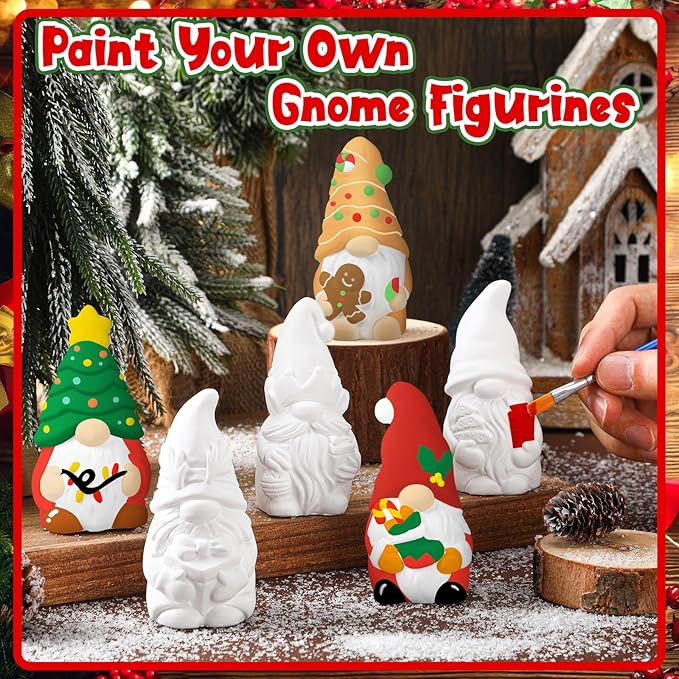 Eersida 6 Sets Christmas Gnome Ceramics to Paint Xmas Ready to Paint Your Own Ceramic Gnome Statues DIY Unpainted Ceramics Paintable Figurines Kit Crafts with Brush Palette