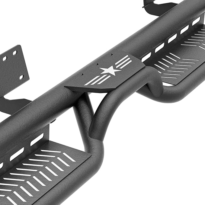 Quad Cab Running Board Side Steps Compatible with 2019-2025 Dodge Ram 1500 New Body Double/Extended Cab, Bolt-on Nerf Bar, Heavy-Duty Steel Two Stairs Design (Black, Star Logo)