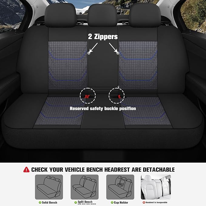 CAROMOP Premium PU Leather&Flannel Car Seat Covers Full Seats,Split Bench Compatible Car Interior Covers, Universal Fit Most Car Sedan Truck SUV(5-Seat Black/Blue)
