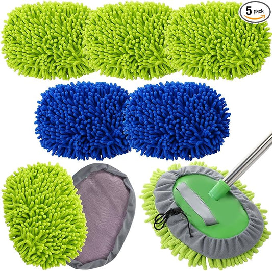 Layhit 5 Pcs Car Wash Mitt Set, Brush Not Included, Microfiber Mitt Cleaning Car Truck Washing Tools Kit RV Pickup Chenille Scratch Replacement (Royal Blue and Green)
