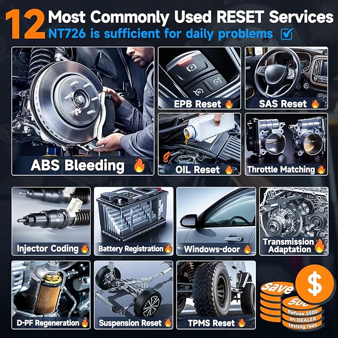 FOXWELL OBD2 Scanner Diagnostic Tool NT726, All System Bidirectional Scan Tool, Code Reader for Cars and Trucks with 12 Resets, ABS Bleeding/Oil/EPB/SAS/D-PF/TPMS/Injector Coding/Throttle/BMS..., FCA