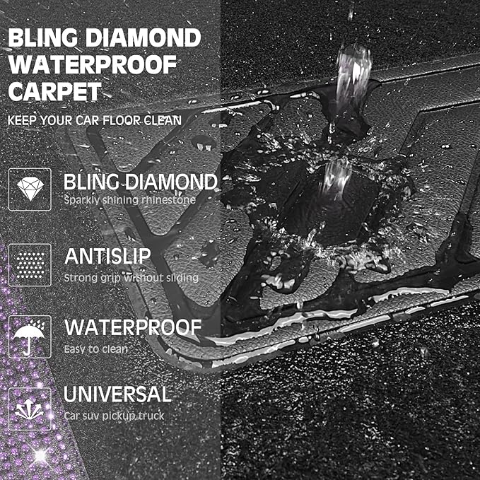 CAR PASS Bling Diamond Leather Steering Wheel Cover 14.5in-15in Floor Mats Shining Rhinestone Carpet Sparkly Glitter Crystal Anti-Slip Pad Fit Automotive SUV Pickup Truck Girl Women, 5pcs Black Purple