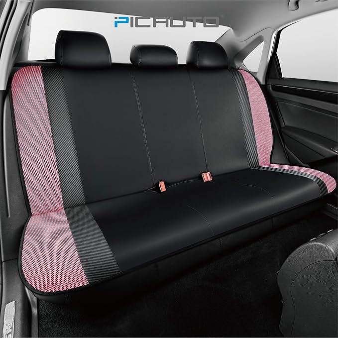 PIC AUTO Leather Car Seat Covers, Sports Carbon Fiber & Mesh Design, High-Back Front & Rear Full Set, Waterproof Automotive Seat Covers, Airbag Compatible, Universal Fit for Most Cars (Black & Pink)
