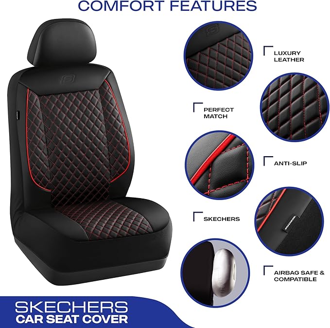 Skechers Car Seat Covers,Piping Luxury Faux Seat Covers,Waterproof Anti Slip Car Seat Protector Full Set,Car Accessories Airbag Universal Fit for Most Cars,Vans,Trucks,SUV,Red