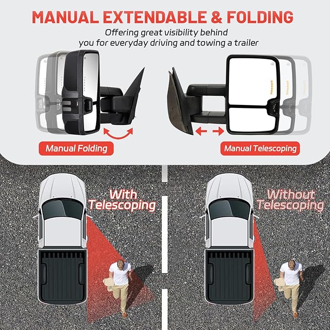 Towing Mirrors For 2007-2014 Chevy Silverado GMC Sierra 1500 2500 HD 3500 HD (2007 New Body Style ONLY) Power Heated Amber Turn Signal Light Manual Folding Extendable Driver Passenger Pair