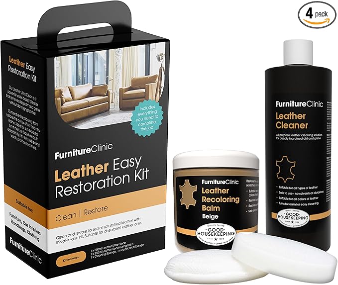 Furniture Clinic Leather Easy Restoration Kit | with Leather Recoloring Balm, Cleaner, Sponge, and Cloth | Leather Repair Kit for Scratched and Faded Furniture (Beige)
