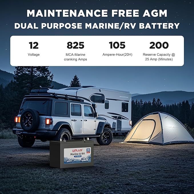 UPLUS BCI Group 31M Dual Purpose Marine Battery, 12V 105Ah 825CCA AGM Starting and Deep Cycle RV & Boat's Batteries for Navigation Devices, Lights and Engines etc.