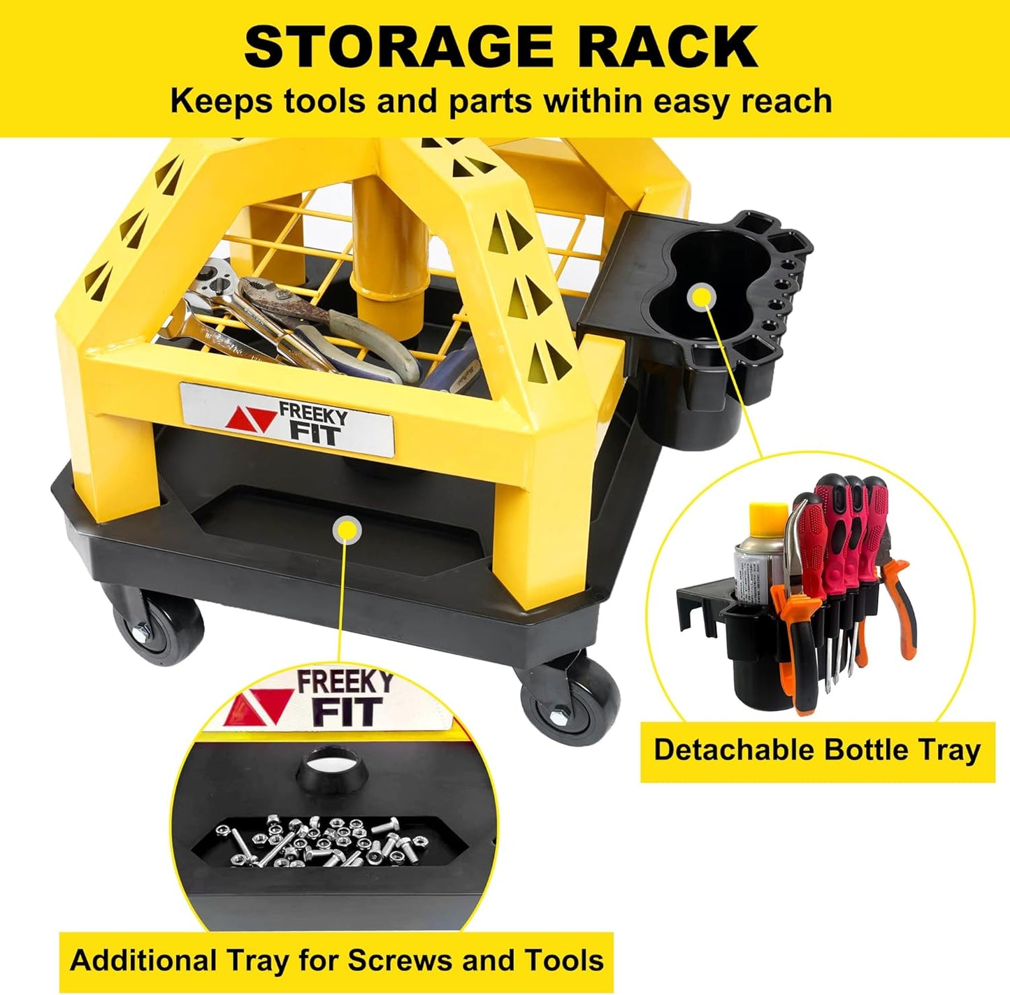 Rolling Shop Stool for Garage with Casters, DO02-Adjustable Height 360° Swivel Shop Seat with Tool Tray Storage, 330 LBS Capacity Padded Mechanic Stool, Yellow